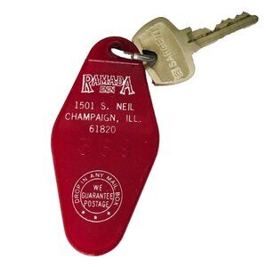 Vintage Ramada Inn Champaign IL Hotel Room Key & Fob #369 USA Original Red